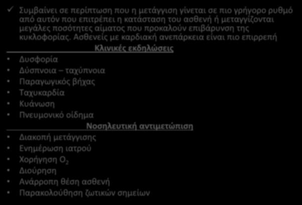 Υπερφόρτωση κυκλοφορίας Συμβαίνει σε περίπτωση που η μετάγγιση γίνεται σε πιο γρήγορο ρυθμό από αυτόν που επιτρέπει η κατάσταση του ασθενή ή μεταγγίζονται μεγάλες ποσότητες αίματος που προκαλούν