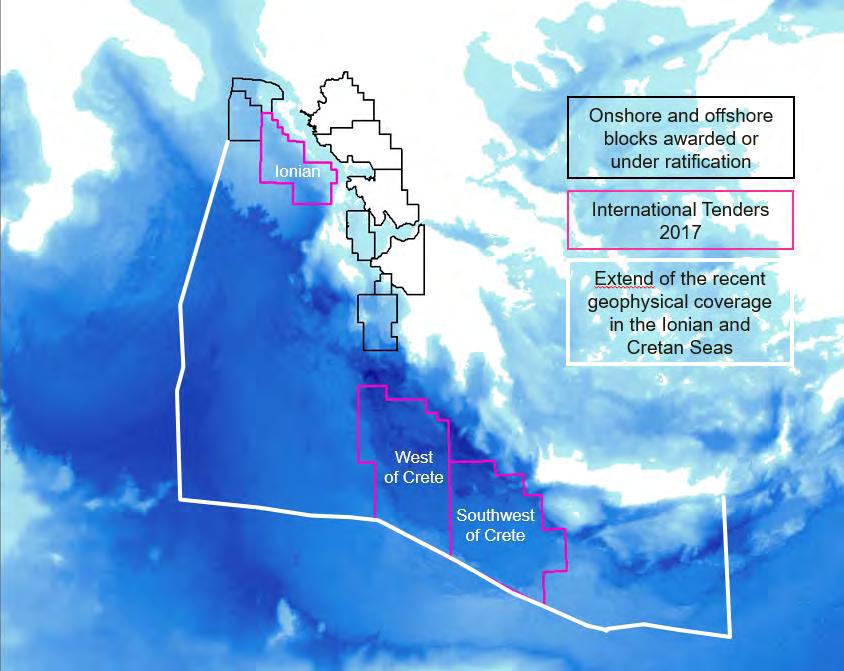 Χάρτης 15: Περιοχές Παραχωρήσεων Υδρογονανθράκων στην Ελλάδα (Νοέμβριος 2017) Πηγή: ΕΔΕΥ Η κυβέρνηση ξεκίνησε έναν διεθνή ανοικτό διαγωνισμό το 2012 και το 2014 υπέγραψε τρεις άδειες εξερεύνησης για