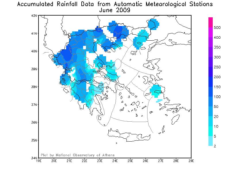 ΕΛΛΑ Α: ΧΑΡΤΗΣ ΒΡΟΧΟΠΤΩΣΕΩΝ ΙΟΥΝΙΟΥ 2009 Οι τιµές βροχής είναι σε χιλιοστά και είναι αθροιστικές για ολόκληρο τον µήνα.