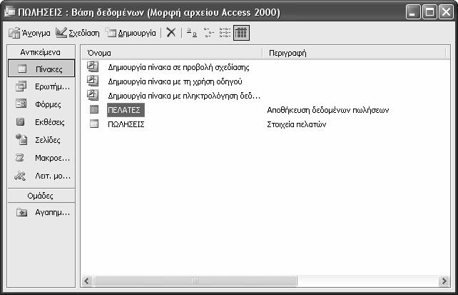 Κεφάλαιο 1: Εισαγωγή στην Access 17 Εικόνα 1.3 Η προβολή Λεπτομερειών σάς επιτρέπει να βλέπετε τα περιγραφικά σχόλια που έχουν καθοριστεί για τα διάφορα αντικείμενα.