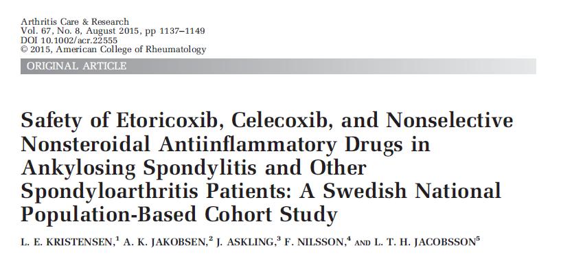 No unexpected or severely increased risks were identified in spondyloarthritis patients treated with either etoricoxib, celecoxib, or nonspecific nonsteroidal antiinflammatory drugs (NSAIDs).