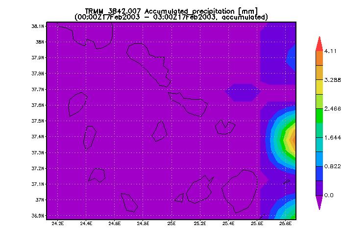 του Υδατικού Διαμερίσματος Νήσων Αιγαίου (GR14) Πίνακας 11.13, Πίνακας 11.14). Παρατηρούμε ότι η περιοχή δέχθηκε τις μεγαλύτερες εντάσεις βροχής κατά το τρίωρο μεταξύ 21:00 24:00 GMT στις 17/2.