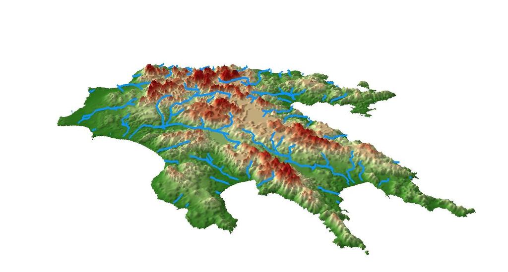 Εικ. 5.2 Απεικονίζεται η προοπτική του ψηφιακού μοντέλου εδάφους και τα παραγόμενα υδατορέματα. Στην εικόνα 5.