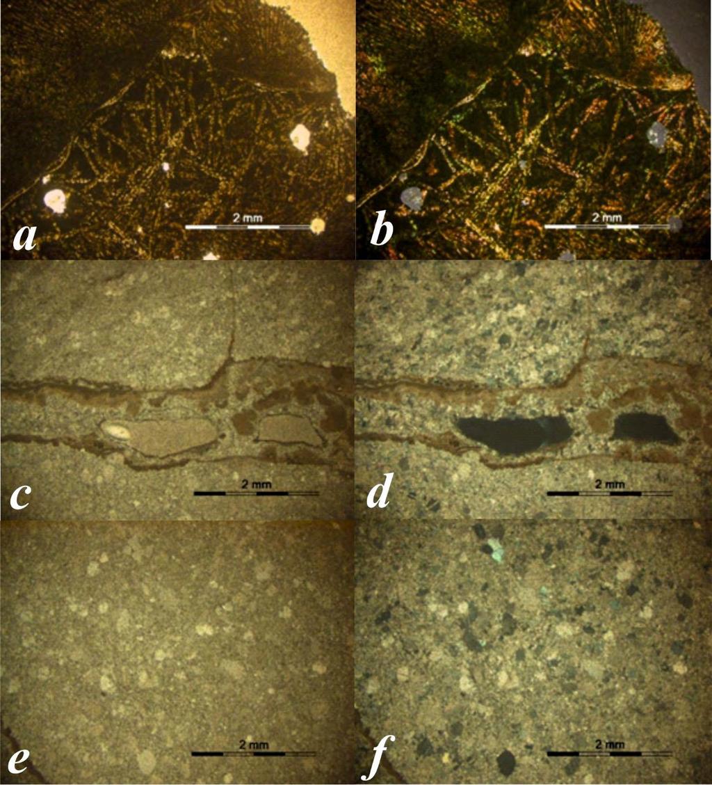 Εικόνα 10: (a), (b) Φωτομικρογραφία της λεπτής τομής του δείγματος Eg-58 (Σκωρία) όπου παρουσιάζεται ο χαρακτηριστικός σκελετικός ιστός (Αριστερά:// Nicols, Δεξιά: Nicols), (c), (d) Φωτομικρογραφία