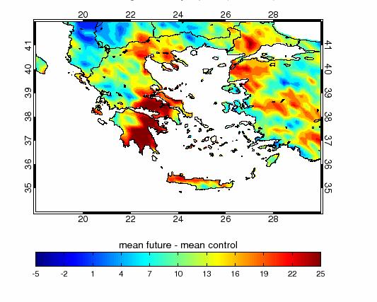 Μέγιστη διάρκεια ξηρής περιόδου Αύξηση της μέγιστης διάρκειας ξηρής περιόδου στα Ανατολικά Ηπειρωτικά και τη Βόρεια Κρήτη 2021-2050 μείον 1961-1990 2071-2100 μείον 1961-1990