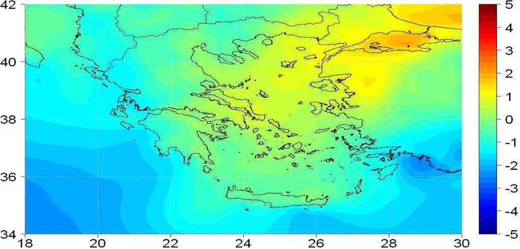 Εκατοστιαία Μεταβολή της Ταχύτητας του Ανέμου (%) Σενάριο A1B: Εκατοστιαία Μεταβολή της Μέσης Ετήσιας τιμής της Ταχύτητας του Ανέμου μεταξύ των περιόδων 2021-2050 και 1961-1990 Σενάριο A1B: