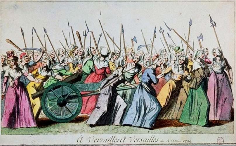 «A Versailles! A Versailles!» Η πορεία των γυναικών προς τις Βερσαλλίες στις 5 Οκτωβρίου 1789. Επιχρωματισμένη γκραβούρα εκείνης της εποχής.