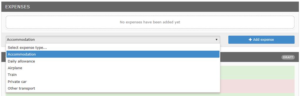 Στην ενότητα «Expenses» (Έξοδα), μπορείτε να προσθέσετε είδη εξόδων κάνοντας κλικ στο πτυσσόμενο μενού «Select expense type» (Επιλογή είδους εξόδων).