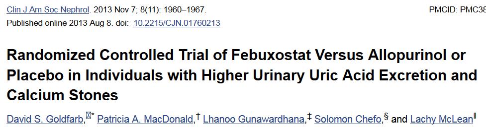 Conclusions Febuxostat (80 mg) lowered 24-hour urinary uric acid significantly more than allopurinol (300 mg) in stone formers with