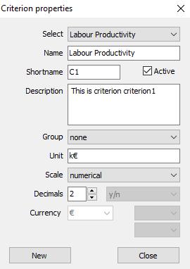 Με διπλό κλικ πάνω στα κριτήρια γίνεται η μετονομασία τους στους αντίστοιχους αριθμοδείκτες και επιλέγεται η μονάδα μέτρησης (scale) και το πλήθος των δεκαδικών ψηφίων (decimals).
