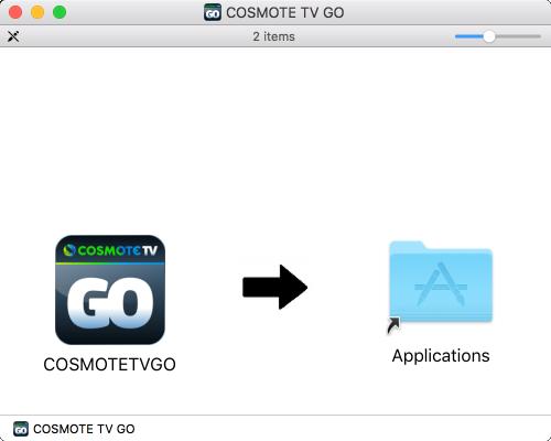 Έπειτα θα εμφανιστεί το παράθυρο όπου χρειάζεται να σύρετε την εφαρμογή COSMOTETVGO πάνω στο φάκελο των εφαρμογών (Applications) ώστε να ολοκληρωθεί η εγκατάσταση.