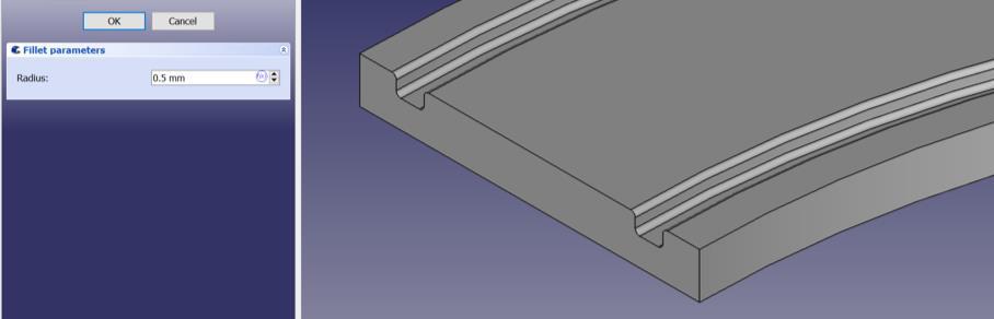 από αυτές. Στη συνέχεια επιλέξτε το εργαλείο fillet: Εισάγετε ακτίνα με τιμή 0.5 mm.