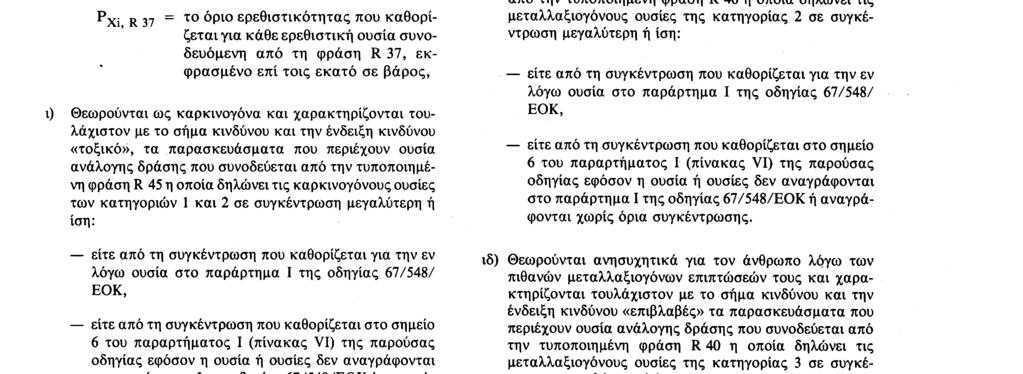16 7 88 Επίσημη Εφημερίδα των Ευρωπαϊκων Κοινοτήτων Αριθ L 187/21 ειτε απο τη συγκέντρωση που καθορίζεται στο παρούσας οδηγίας εφόσον η ουσία ή ουσίες δεν Η) Τα παρασκευάσματα που περιέχουν