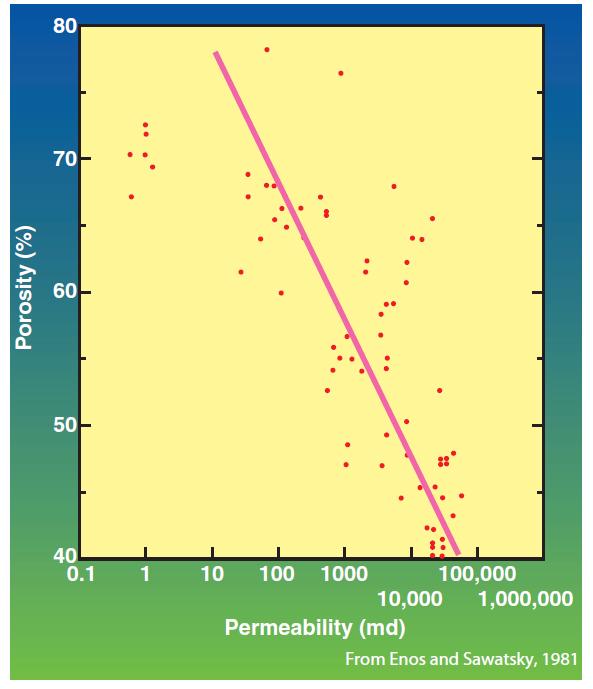 Εικόνα 1.1 Σχέση κατανομής πορώδους και διαπερατότητας σε ανθρακικά πετρώματα του Ολοκαίνου (από Moore & Wade, 2013).