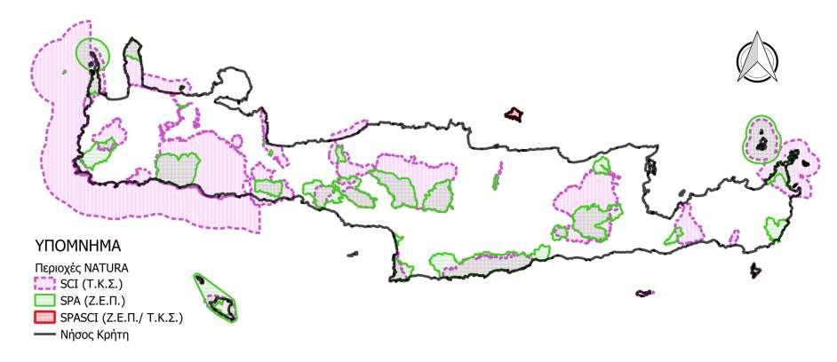 Χάρτης της Κρήτης με τις περιοχές του δικτύου NATURA Οι περιοχές του