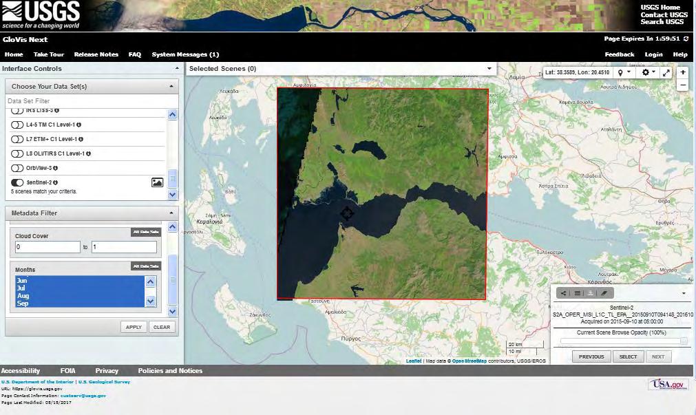 διαδραστικό χάρτη της ιστοσελίδας και στην συνέχεια η επιλογή των κατάλληλων εικονιδίων- εντολών με σκοπό την λήψη του κατάλληλου αρχείου της δορυφορικής εικόνας. Εικόνα 7.