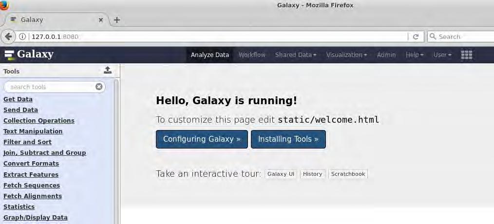 Για να ξεκινήσει το Galaxy να εκτελείται χρησιμοποιήθηκε η εντολή: Εκτέλεση Galaxy $ sh run.