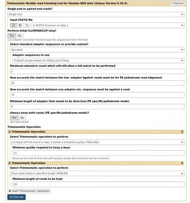 Χρησιμοποιώντας το εργαλείο NGS: QC and manipulation Trimmomatic απομακρύνθηκαν οι προσαμογείς από τα δεδομένα, οι βάσεις από τα reads με quality score μικρότερο ή ίσο από 20 και τα reads με μήκος