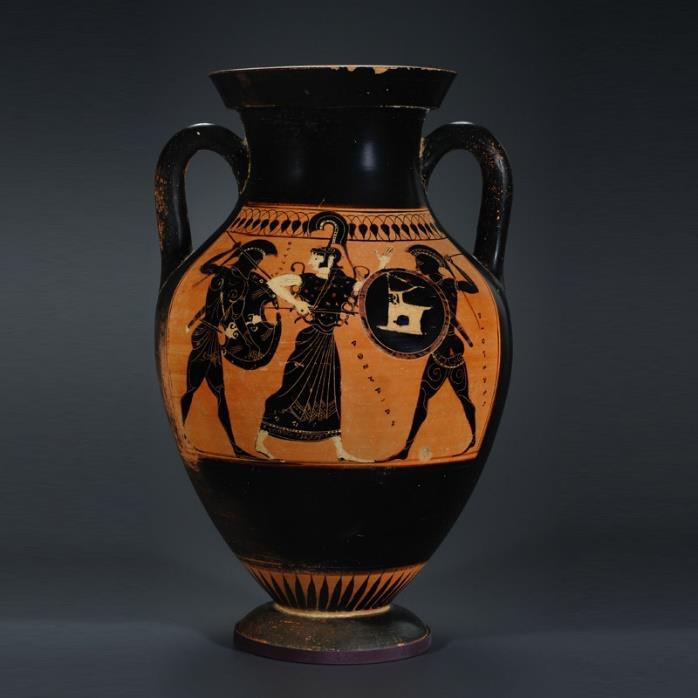 Ὁμήρου Ἰλιὰς Δ Greek Black Figure Amphora with Ulysses and Diomedes, Attic late 6th century B.C.