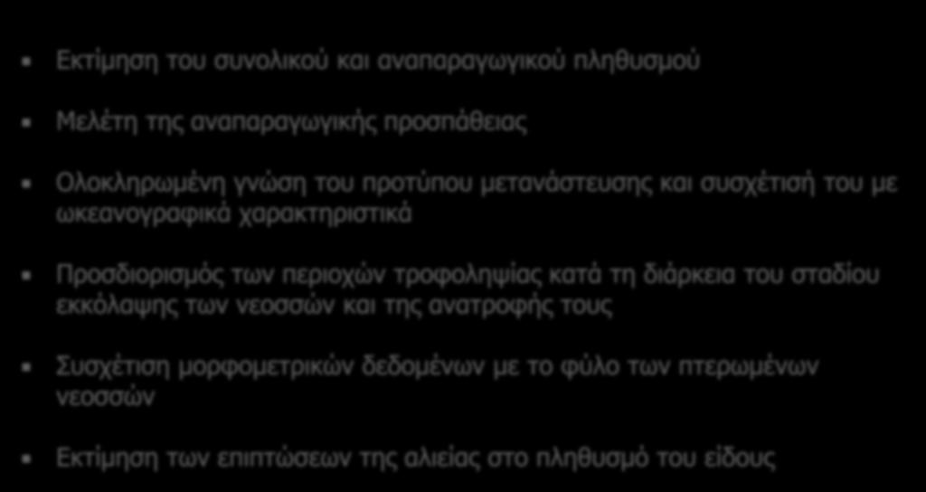 Εκτίμηση του συνολικού και αναπαραγωγικού πληθυσμού Μελέτη της αναπαραγωγικής προσπάθειας Ολοκληρωμένη γνώση του προτύπου μετανάστευσης και συσχέτισή του με ωκεανογραφικά χαρακτηριστικά Προσδιορισμός