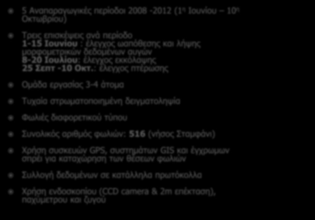 5 Αναπαραγωγικές περίοδοι 2008-2012 (1 η Ιουνίου 10 η Οκτωβρίου) Τρεις επισκέψεις ανά περίοδο