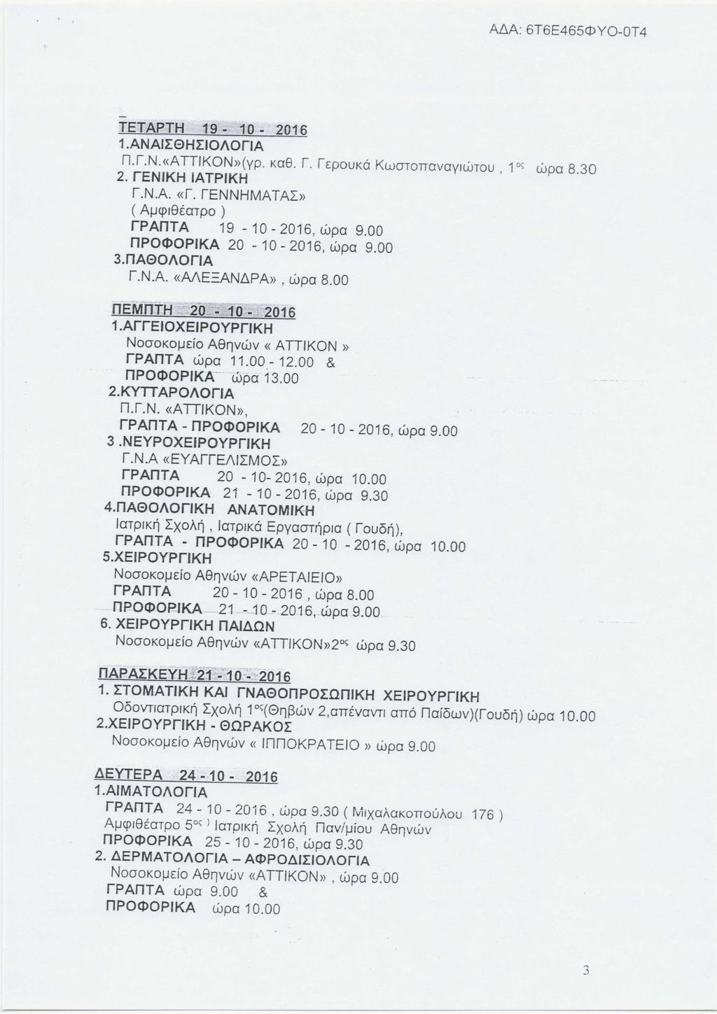 AbA: 6T6E465cDYO-OT4 - TETAPTH 19,;; 10-2016 1.ANAlrSHrIOAOrtA n.i.n.«attikon»(yp. KaS. I. IEPOUKOKuiororrcvovuorou, 1DC; wpa 8.30 2. renikh IATPIKH I.N.A. «I.