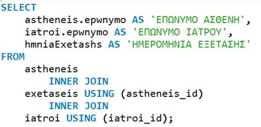 Όπως και πριν, η σύνταξη της εντολής μπορεί να απλοποιηθεί με χρήση της λέξης USING ως εξής: έστω ότι στον πίνακα με τους ασθενείς το πρωτεύον κλειδί ονομαζόταν astheneis_id και το ίδιο όνομα είχε