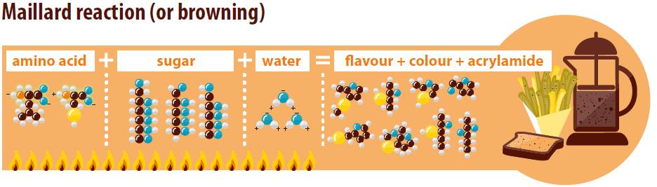 Σχηματισμός Ακρυλαμιδίου Αντίδραση Maillard H αντίδραση maillard πραγματοποιείται κατά την Παρασκευή των τροφίμων με θέρμανση >120 C, παρουσία αμινοξέων ( ασπαραγίνης ) και υδατανθράκων ή σακχάρων.