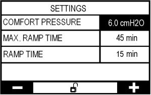 Στη συνέχεια, πατήστε το για να προσπελάσετε την ακόλουθη παράμετρο του μενού. Comfort pressure (Πίεση άνεσης): επίπεδο πίεσης που ασκεί η συσκευή στην αρχή της λειτουργίας ράμπας.