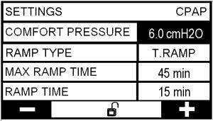 Επιλέξτε τον τύπο της ράμπας πατώντας το δεξί ή το αριστερό κουμπί ρύθμισης. Comfort pressure (Πίεση άνεσης): επίπεδο πίεσης που ασκεί η συσκευή στην αρχή της λειτουργίας ράμπας.