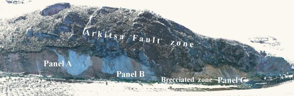 Scanned image of the Arkitsa fault zone, with the three fault panels studied (A, B, C).