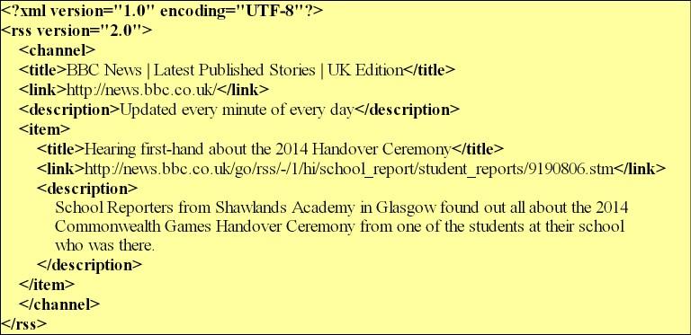 Figure 1.1: Example of RSS version 2.0 XML document most recent items on the list and presented them in a readable manner to the user.