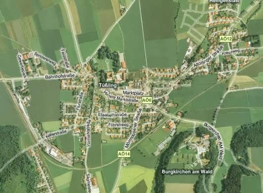 84577 Tuessling in Altoetting (κύκλος) πληθυσμός 2.697 έκταση 19,57 Km² πινακίδα AÖ Url http://www.tuessling.de Στα δυτικά της Altötting περιοχής, βρίσκεται το χωριό Tüßling αγορά.