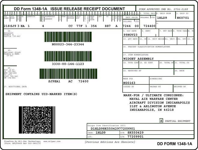 Εικ.: DD Form 1348 Το συνοδευτικό έγγραφο του υλικού που προέρχεται από πηγή προμήθειας NSPA (ProForma / DeliveryNote), διαθέτει πληροφορία σε μορφή