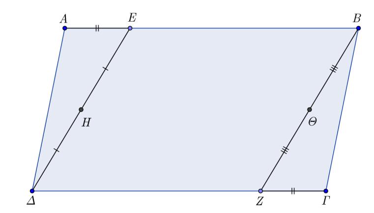 Στην πλευρά ΑΒ παραλληλογράμμου ΑΒΓΔ παίρνουμε ένα τμήμα ΑΕ και στην πλευρά του ΓΔ παίρνουμε 5. τμήμα ΓΖ=ΑΕ. Αν Η, Θ τα μέσα των ευθυγράμμων τμημάτων ΔΕ και ΒΖ αντίστοιχα, να αποδείξετε ότι: α.