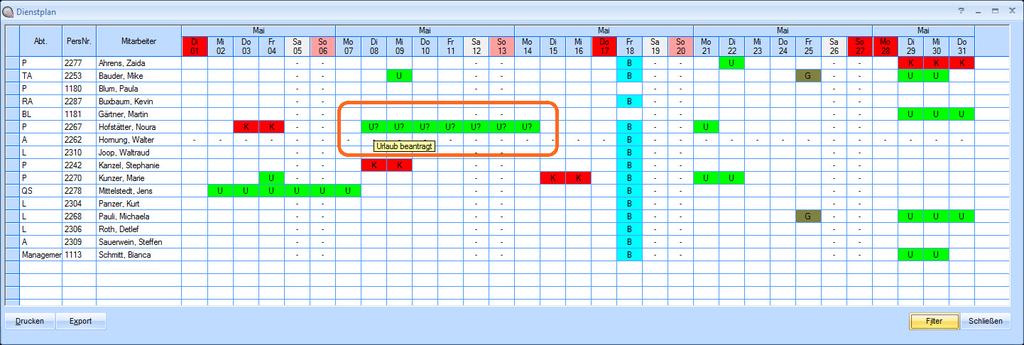Dienstplan TIME-INFO MMI integriert Dienstplan-Funktionalitäten. Der Mitarbeiter kann bereits geplante oder genehmiget Urlaubszeiten seiner Kollegen einsehen.