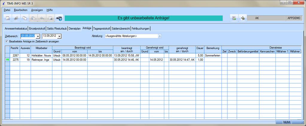 Anträge TIME-INFO MMI erlaubt den Workflow zur Beantragung verschiedener Szenarien wie z.b. Urlaub, Gleittag oder Dienstreisen.