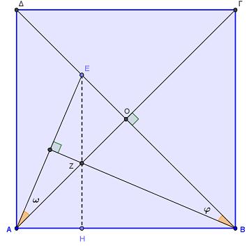 γ) Το τμήμα είναι κάθετο στο. α) Είναι ως οξείες με κάθετες πλευρές, β) Τα ορθογώνια τρίγωνα και είναι ίσα αφού έχουν και ως μισά των ίσων διαγωνίων, του τετραγώνου.