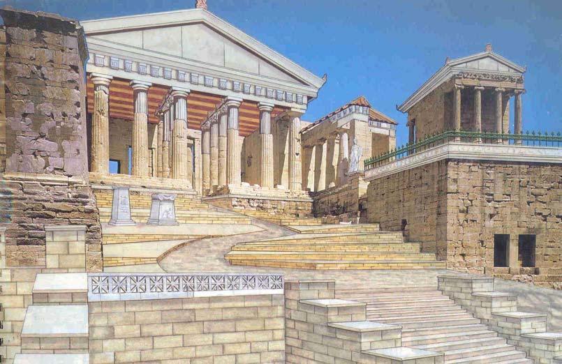 ΠΡΟΠΥΛΑΙΑ Τα Προπύλαια, προθάλαμος για την είσοδο στην Ακρόπολη. Η μνημειώδης αυτή είσοδος της Ακρόπολης άρχισε να χτίζεται το 436 π.χ. μετά την ολοκλήρωση του Παρθενώνα, πάνω σε σχέδια του αρχιτέκτονα Μνησικλή.