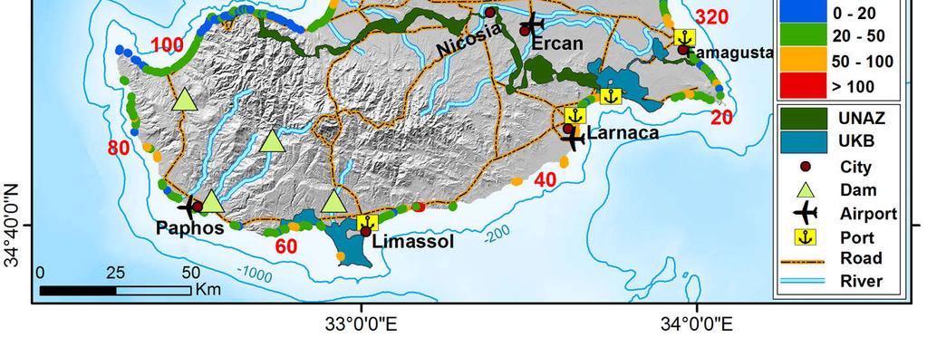 53 km2 Περιορισμένο εύρος : 50 % είχαν μέγιστο πλάτος (BMW) < 20 m, 90 % < 50 m και μόνον 1 % > 100 m Cyprus: Major