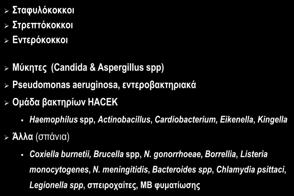 Παθογόνα ΛΕ Σταφυλόκοκκοι Στρεπτόκοκκοι Εντερόκοκκοι 80% των περιπτώσεων Μύκητες (Candida & Aspergillus spp) Pseudomonas aeruginosa, εντεροβακτηριακά Ομάδα βακτηρίων HACEK Haemophilus spp,
