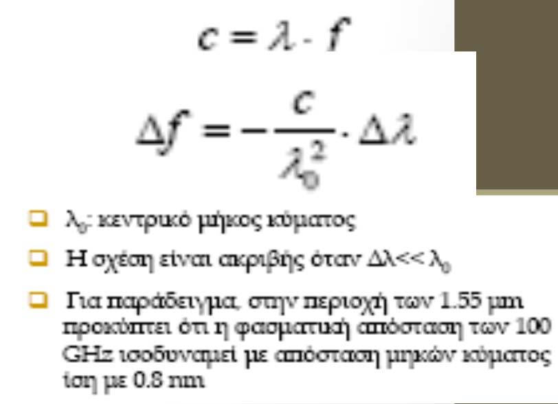 Πολυπλεξία μήκους κύματος (Ι) Η πολυπλεξία μήκους κύματος (wavelength division multiplexing-wdm) αντιστοιχεί στην κλασσική πολυπλεξία συχνότητας (frequency division multiplexing-fdm), όμως αντί για