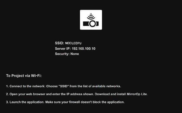 . ( ) "USB"..4.."NECLEDPJ" (SSID)."192.168.100.10".( ) ( ) None ( ) Security Security ( ) Channel (Projector Name (SSID)). " 3-2" ( ).