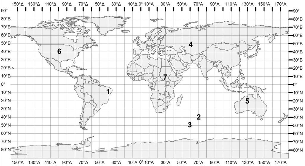 14. Να παρατηρήσετε τον Χάρτη 1. Χάρτης 1. Παγκόσμιος πολιτικός. Οι γεωγραφικές συντεταγμένες του σημείου 4 είναι: Να επιλέξετε τη σωστή απάντηση. Γ.Π. 50 Ο Β - Γ.Μ. 60 Ο Α Γ.Π. 60 Ο Ν - Γ.Μ. 50 Ο Α Γ.