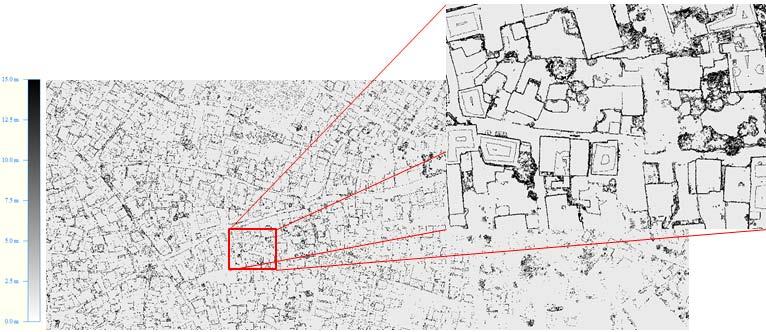 Από την αφαίρεη των δύο DSM προέκυψαν διαφορές μόνο τα περιγράμματα των κτιρίων και τα δέντρα (εικόνα 10). Για επίπεδο ημαντικότητας a = 0.