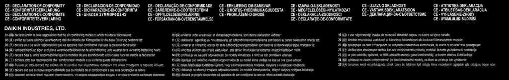 DAIKIN INDUSTRIES, LTD. Low Voltage 2006/95/EC Machinery Safety 98/37/EC Electromagnetic Compatibility 2004/108/EC Shinri Sada Manager Quality Control Department 1st of May 2009 DAIKIN.TCF.