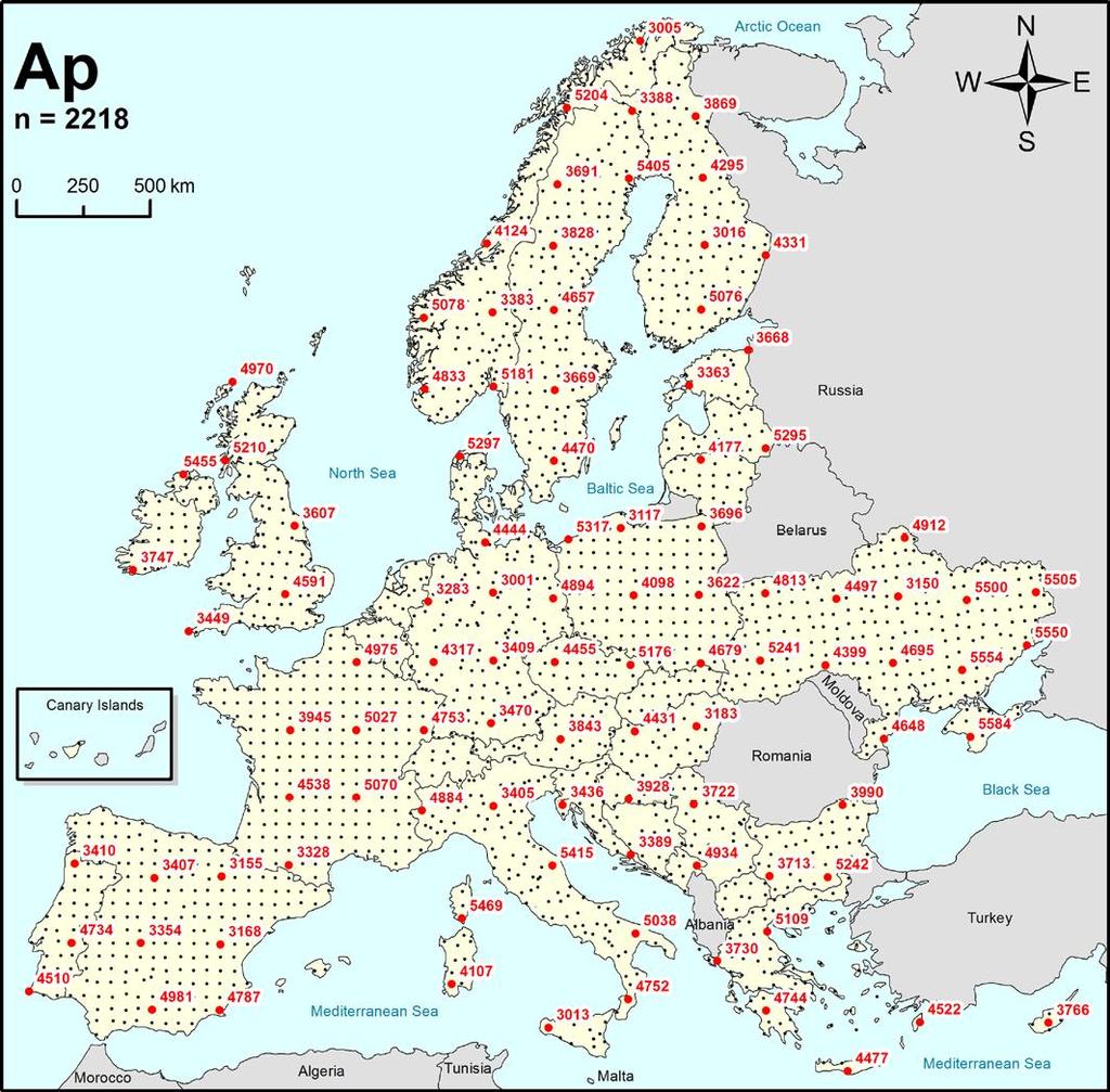 Γεωχημική χαρτογράφηση αγροτικών εδαφών της Ευρώπης 33 Ευρωπαϊκές χώρες 2100 αγροτικά δείγματα (1 δείγμα ανά 2500 km 2 ) από τα οποία 53 δείγματα ήταν από τον ελληνικό χώρο.