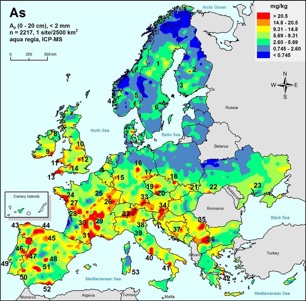 Γεωχημικοί χάρτες κατανομής Cr και As στα αγροτικά εδάφη της Ευρώπης Οι φυσικές γεωλογικές διεργασίες καθορίζουν τη γεωχημεία του εδάφους.