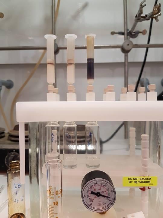 Ξεπλένουμε με ελάχιστη ποσότητα DCM τα vials με τα δείγματα και γεμίζουμε τις στήλες. Μόλις περάσει όλο το δείγμα από τις στήλες, ξεπλένουμε και πάλι με όλη την ποσότητα του διαλύτη.