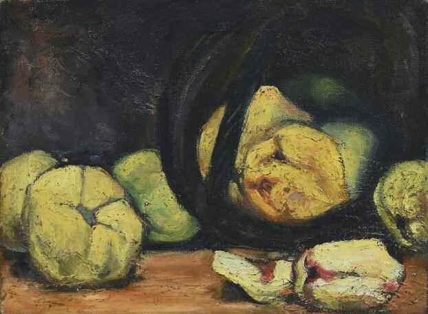 6. ΚΑΛΛΟΥΔΗΣ Αλέξανδρος (1853-1923) Καλάθι με κυδώνια και μήλα Λάδι σε καμβά 30 40 εκ υπγρμ π.